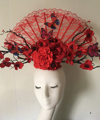 Red Flowers, Butterflies, Retro-Chinese Style Stage Style, Exaggeration Fan Show, Photographic Hair Accessories