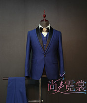 Blue mens dress suit suit groom groomsman host dress fashion slim double neck suit rental