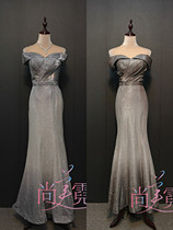 Gray gradient fishtail slim shoulder evening dress annual meeting evening party evening party dress Beijing custom rental