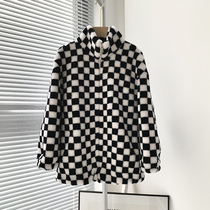 Checkerboard sheep shearling fur coat womens stand-up collar short hooded 2021 winter new wool fur coat