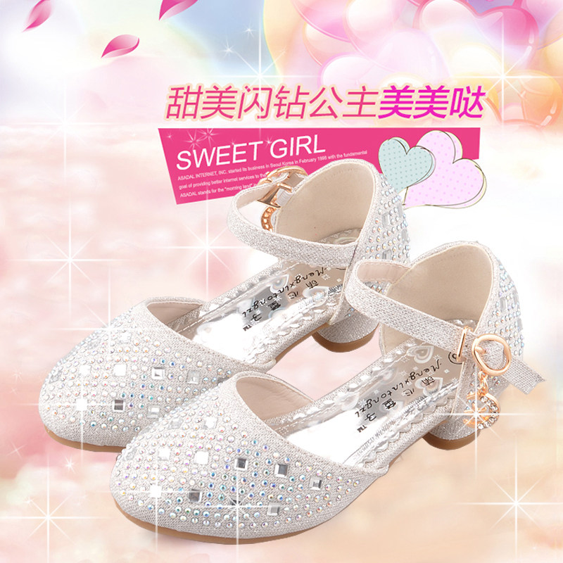 女童高跟鞋凉鞋儿童女鞋公主鞋水晶鞋春秋单鞋皮鞋学生闪钻演出鞋_7折
