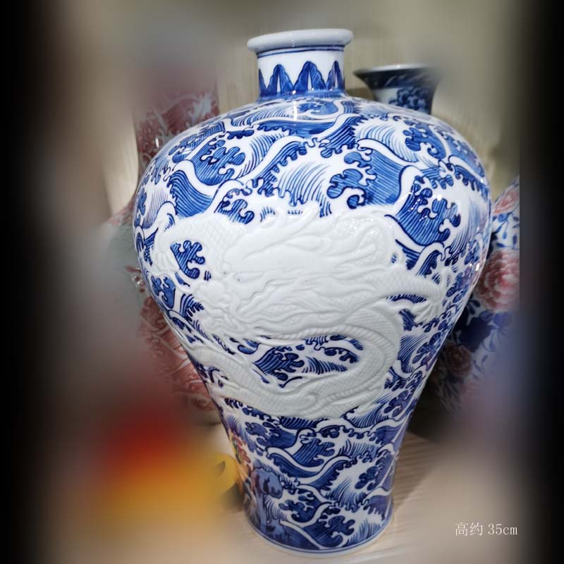 Jingdezhen blue and white dragon hand - made mei bottle imitation qianlong anaglyph dragon around 35 cm45 high lotus lotus flower porcelain