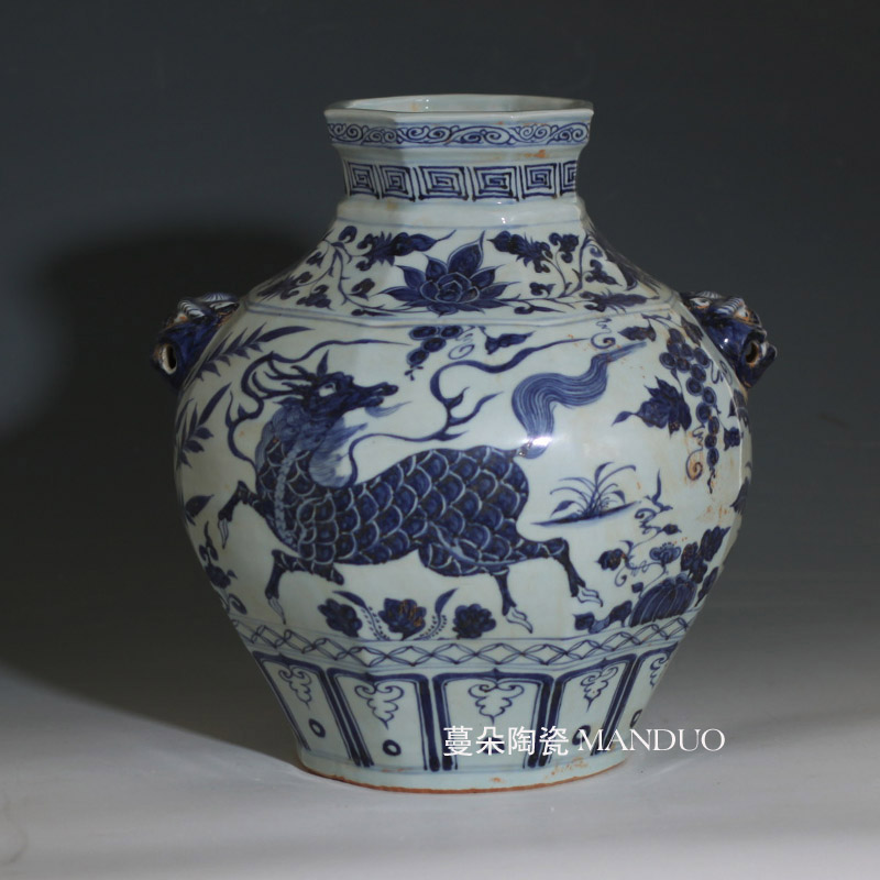 Imitation of yuan blue and white peony dragon large pot of yuan dynasty blue and white peony dragon benevolent ears blue - and - white porcelain jar of big as cans