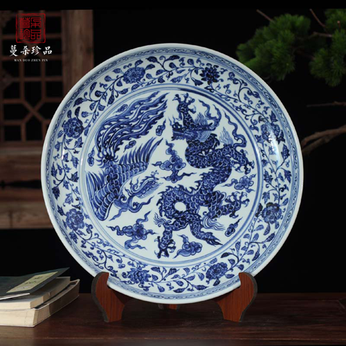 景德鎮手繪青花龍鳳紋22-40CM裝飾瓷器瓷盤宣迪朗奇鳳呈祥裝飾瓷盤