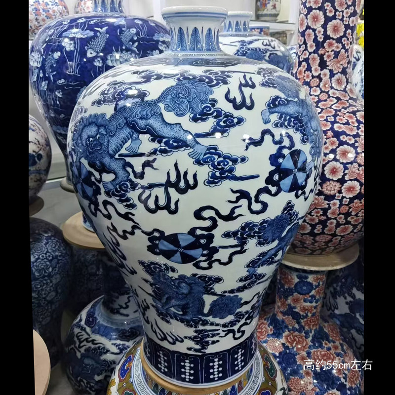 流】中国美術 染付獅子耳大花瓶 高37cm TZ564