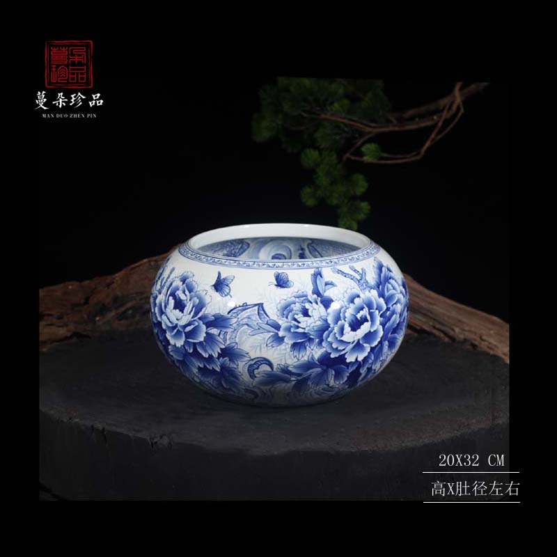 Blue and white double - sided peony peony writing brush washer from jingdezhen Blue and white porcelain porcelain basin display writing brush washer water is shallow