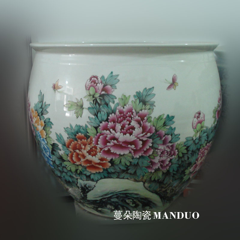 Jingdezhen blue and white color bucket hand - made peony cylinder diameter 60 courtyard sitting room is big hand draw four seasons flower cylinder