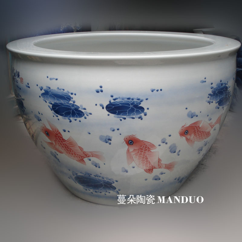 Jingdezhen blue and white lotus red carp hand - made porcelain crock peony color peony painting and calligraphy cylinder 800