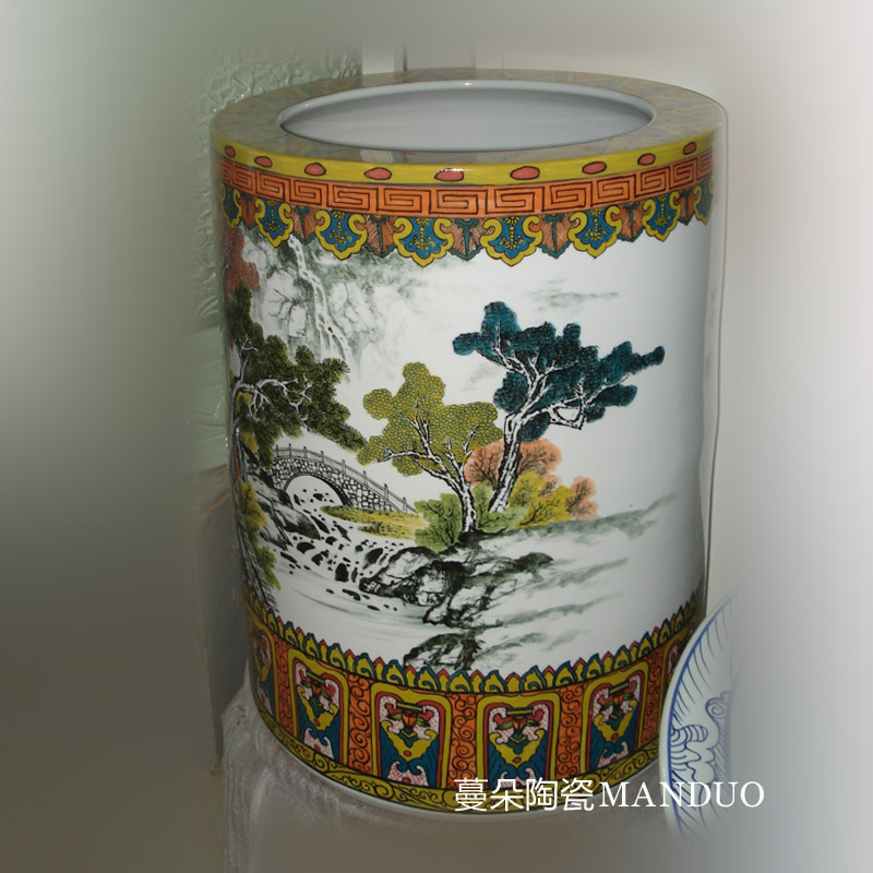 Jingdezhen hand - made color porcelain I quiver straight landscape under the glaze colorful color painting and calligraphy quiver cylinder