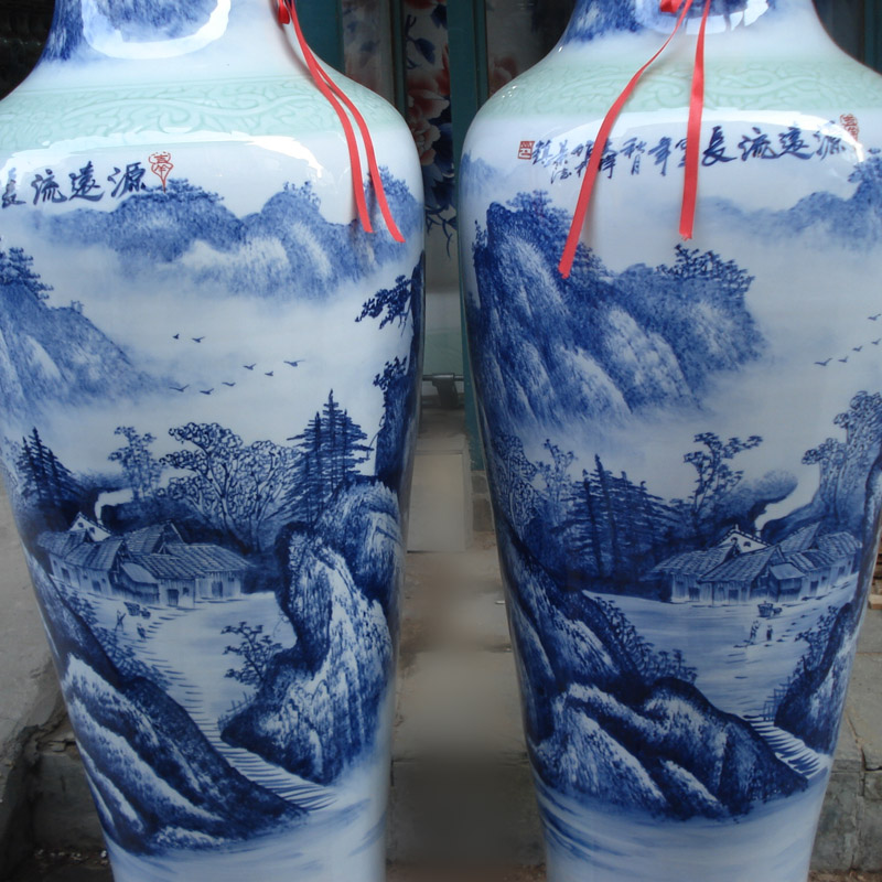 Jingdezhen blue and white landscape hand - made people elegant indoor living room 1.6 meters tall vase hand - made porcelain vase