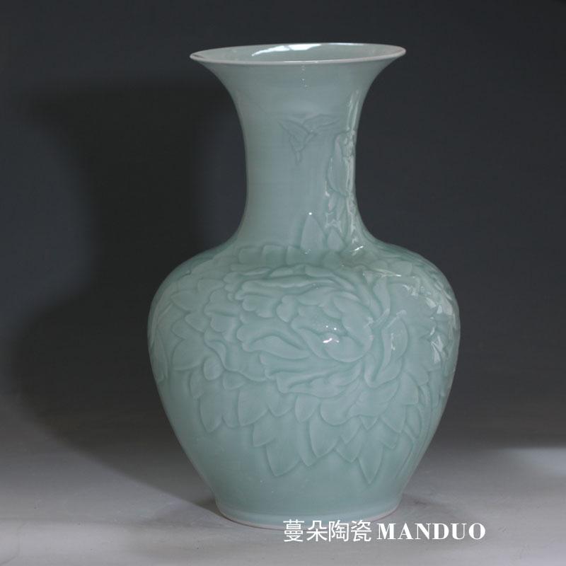 Mesa of contracted anaglyph peony vase elegant monochromatic celadon peony vases carved 40-50 cm tall vases