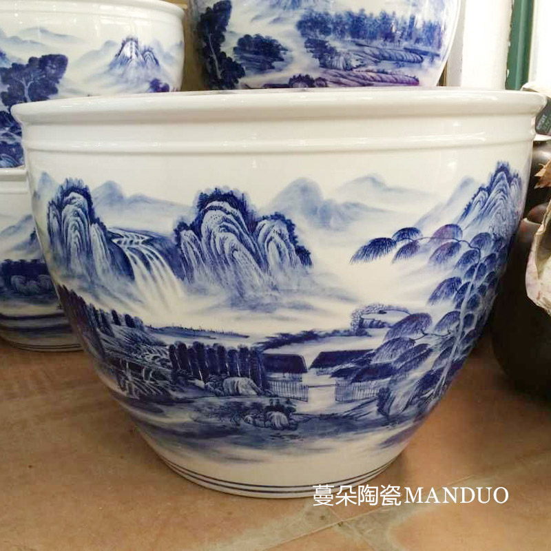 Jingdezhen blue and white oversized hand - made ceramic porcelain VAT high - grade fish keep lotus lotus garden vats