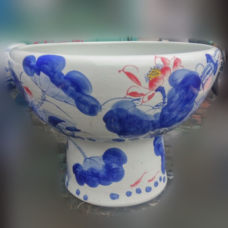 Jingdezhen ceramic porcelain 45 & ndash; Blue green 67 hand - made ceramic high cylinder bottom flat cylinder goldfish