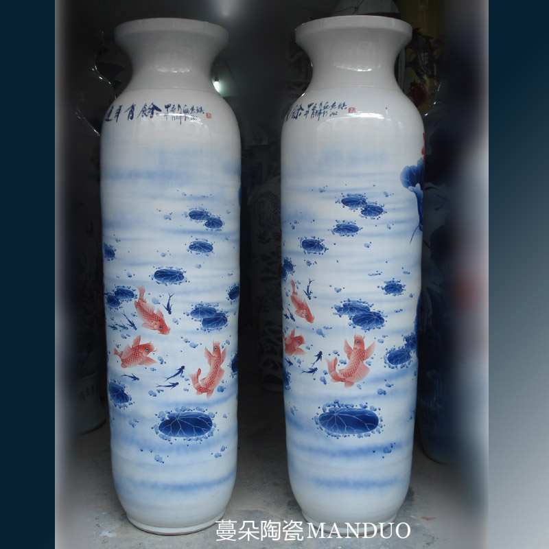 Big quiver of jingdezhen blue and white lotus red carp hand - made porcelain vases, 1.8-2.2 meters Big idea gourd vases