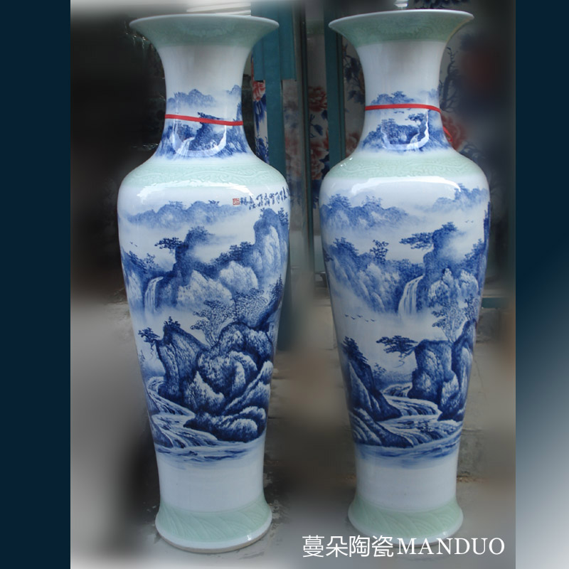 Jingdezhen blue and white landscape hand - made people elegant indoor living room 1.6 meters tall vase hand - made porcelain vase