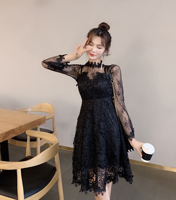a3016法式复古性感黑色蕾丝连衣裙秋冬内搭长袖很仙的网纱打底裙 - 17