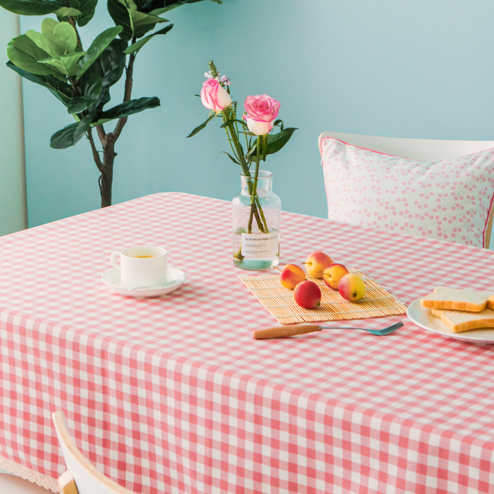 北欧小清新防水桌布布艺欧式田园粉色格子桌布