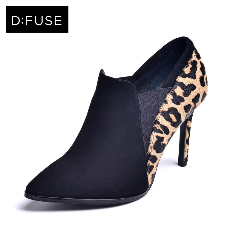 D：Fuse/迪芙斯2015秋新羊皮豹纹拼色尖头超高细跟女鞋DF53114052