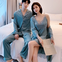 Couple pajamas female spring and autumn summer ice silk suspenders nightgown lace sexy silk pajamas mens home wear suit