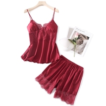 Sexy pajamas womens spring and autumn thin ice silk sexy suspender shorts two-piece set with chest pad home wear 2020 new