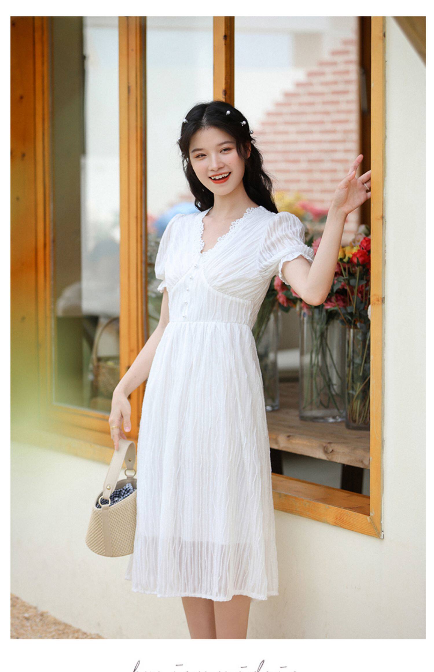 白色连衣裙女夏季短袖法式通勤仙女裙中长款收腰显瘦初恋裙子 - 17网