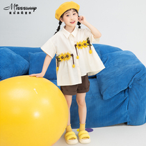 Beige shirt girls new 2022 summer foreign style daisy tie flower dislocation design casual half-sleeved cardigan