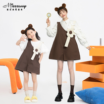 Parent-child mother-daughter clothing three-dimensional tie flower loose casual wide-leg splicing pants 2022 spring new product foreign-style overalls