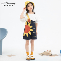 Original design summer new product vitality sunflower applique girls one-shoulder overalls girls loose straight pants