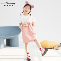 Cute bear doll splicing fake two-piece girls dress summer dress new drawstring waist straight pink white skirt