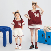 Parent-child mother-daughter clothing loose sports and leisure suit color matching striped top white striped shorts foreign style suit