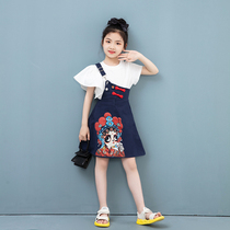 Chinese style Peking opera printed pattern girls strap skirt 2021 summer new Korean version high waist pure cotton skirt children
