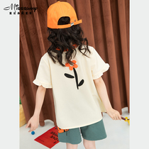 Small fresh and sweet color contrast flower collage T-shirt summer new girls Japanese style low round neck lace short-sleeved top