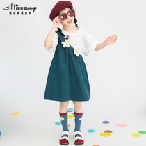 Asymmetric design sweet three-dimensional tie flower one-shoulder suspenders skirt girls summer new foreign style loose high-waist dress