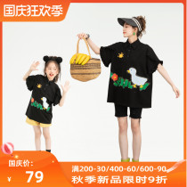 Black parent child cartoon print T-shirt 2021 summer dress mother and daughter new cotton girl shirt short sleeve summer