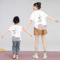 Original parent-child outfit girls white swan printing pure cotton childrens t-shirt 2021 summer new cartoon short-sleeved solid color