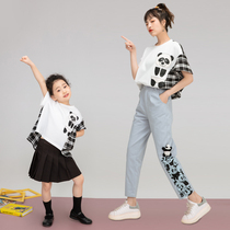 Parent-child original girls black and white stitching Panda T-shirt 2021 summer cute style Western style top for children