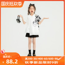 Cartoon cow printing childrens shirt summer new cotton stand collar girl shirt short sleeve asymmetric doll shirt