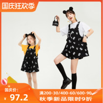 Parent-Child black childrens cartoon print backpack pants summer New loose slim mother girl wide leg pants