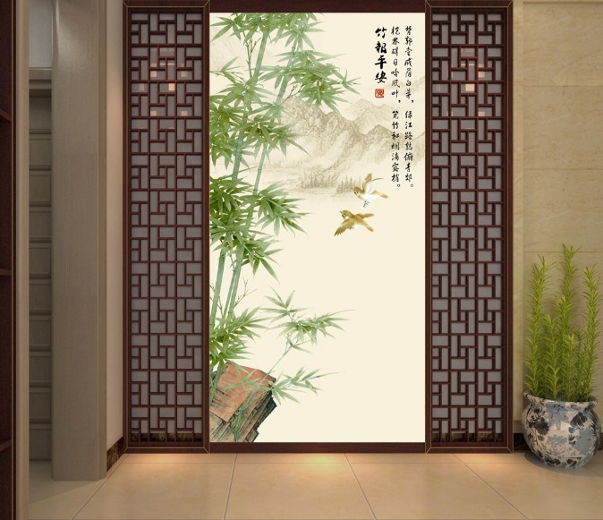 xg704油画|背景墙|装饰画中式玄关新中式竹报平安玄关背景墙_7折现价