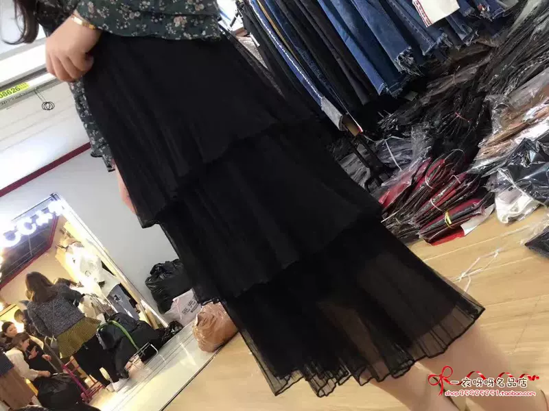 đặc biệt! 2017 Spring new layer cake black all-match váy eo váy dài quá gối - Váy