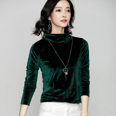2019春装新款金丝绒上衣长袖女t恤打底衫韩版堆堆领显瘦洋气小衫_好货