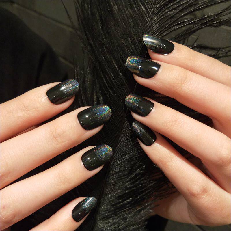 炫酷美甲成品抖音同款假指甲全贴片穿戴式可拆卸黑镭射闪粉中长款