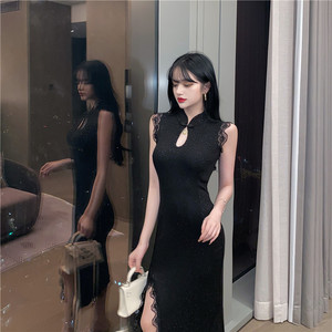 Flash high slit dark cheongsam girl long dress