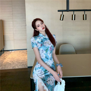 Antique orchid print slit lace long cheongsam dress