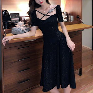 French style slim high waist and large swing long bow gold dress