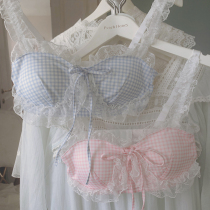Plaid control# peach honey fairy blue lace underwear set girl sweet cute small chest flat chest bra
