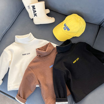 Childrens winter baby letters solid color high collar plus velvet bottoming shirt childrens simple T-shirt thickened top boy trendy