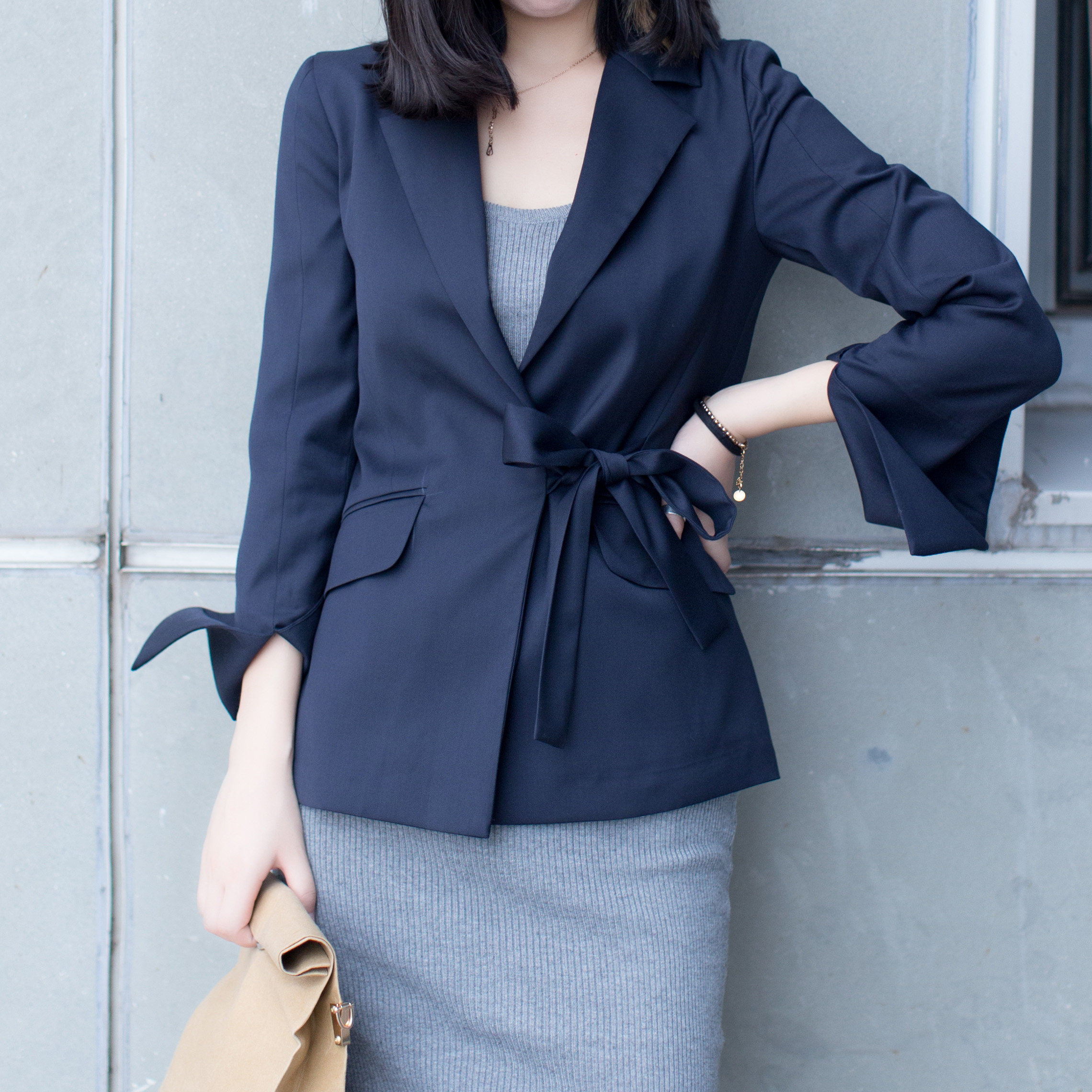 lazytime2016秋新深蓝色修身通勤ol气质显瘦绑带小西装外套女
