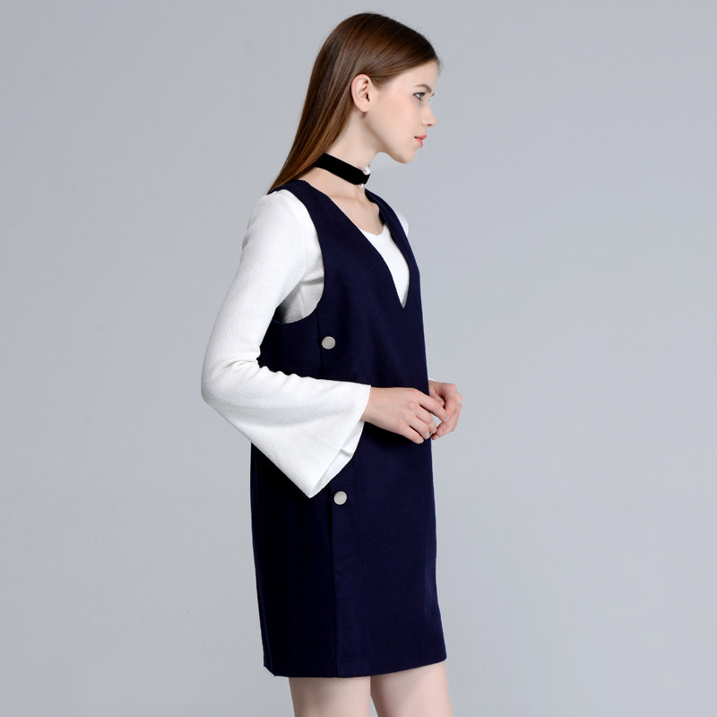 chartres女装深蓝v领双排金属扣背带连衣裙2016秋冬打底短裙女