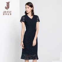 2021 summer new V-collar perspective slim A-style slim fit medium long dress short sleeve lace dress with a dress